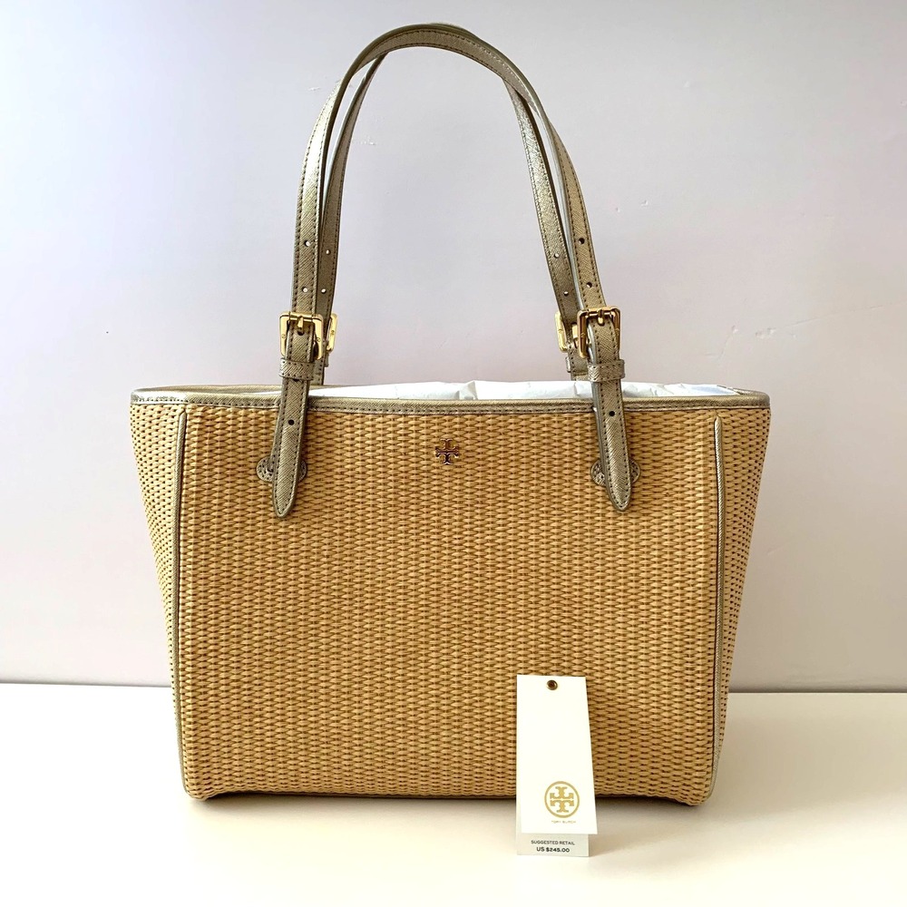 NWT Tory Burch York Straw Small Buckle Tote Bag Gold Metallic